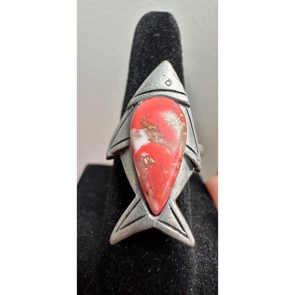 Vintage Fish Ring Adjustable Red Spiny Oyster Shell Matrix Southwestern Style